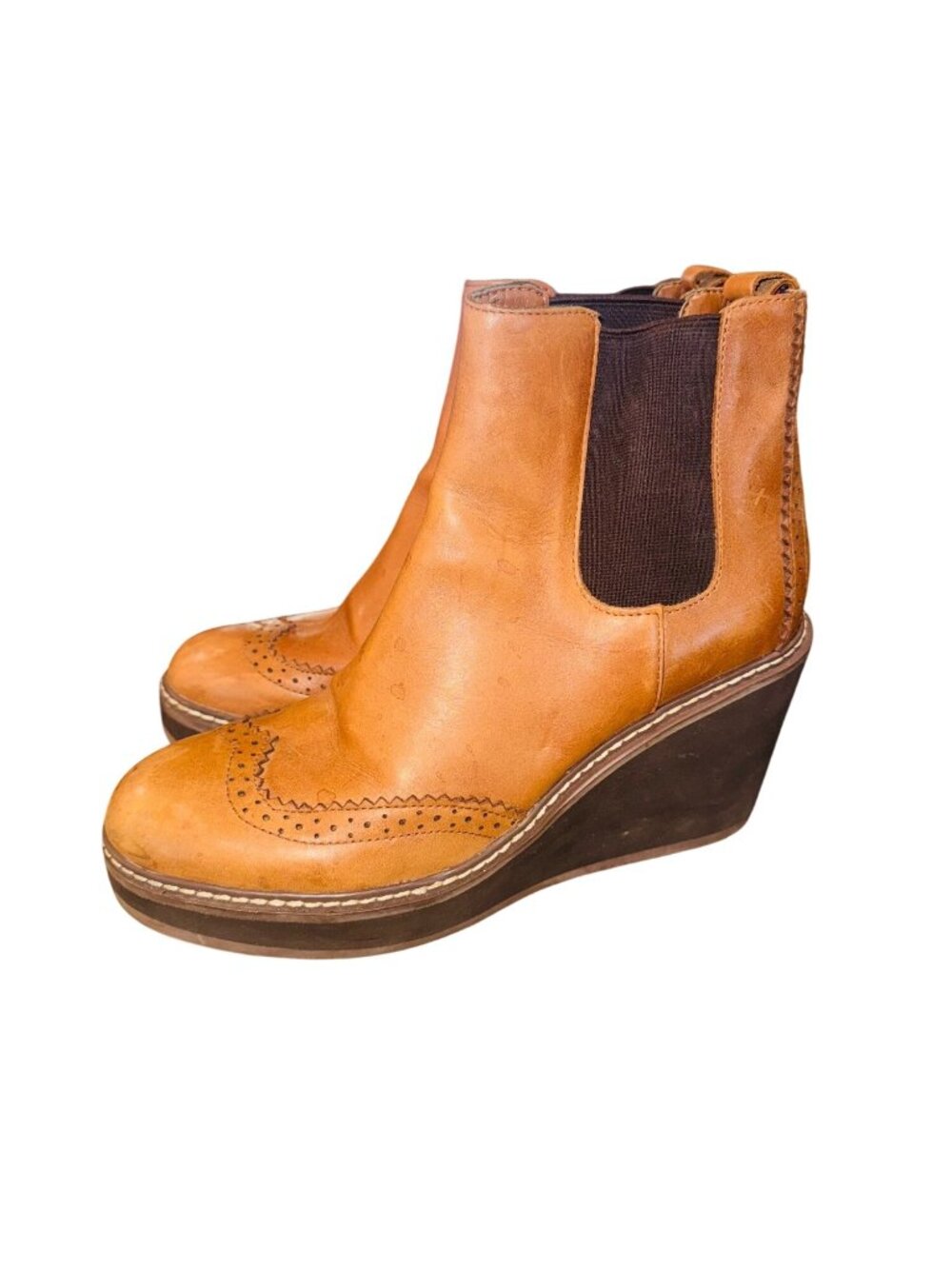 Tommy Hilfiger Womens 9.5 Platform Tan Leather Wedge Chelsea Boots Brogue Boho